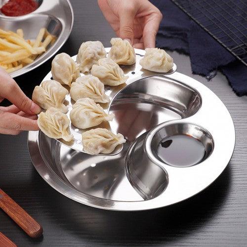 Multifunctional Stainless Steel Plate with Dipping Saucer Round Double-layer Water Oil Draining Tray 28cm - Toytexx Multifunctional Stainless Steel Plate with Dipping Saucer Round Double-layer Water Oil Draining Tray 28cm - Toytexx